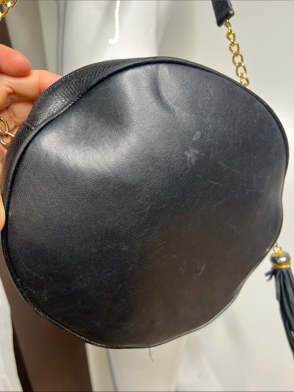 Escada Vintage Round Black Leather Bag Goldtone Hardware Studs Grommets Tassle - Picture 5 of 9